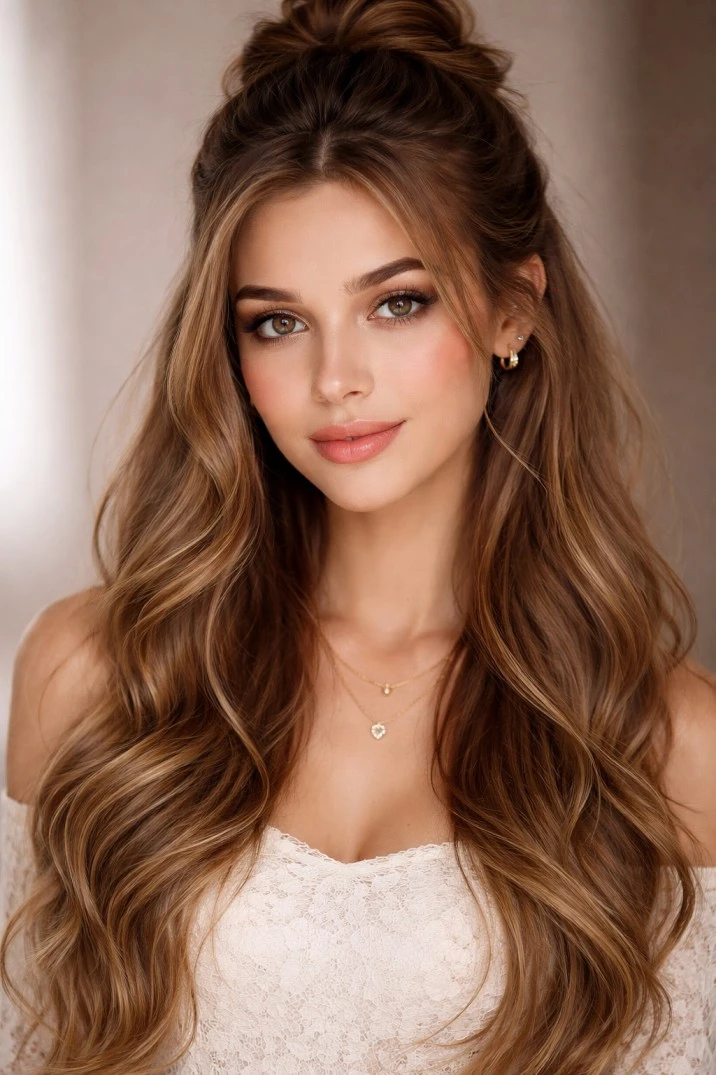 beautiful lady of wavy half up and half open hairs 