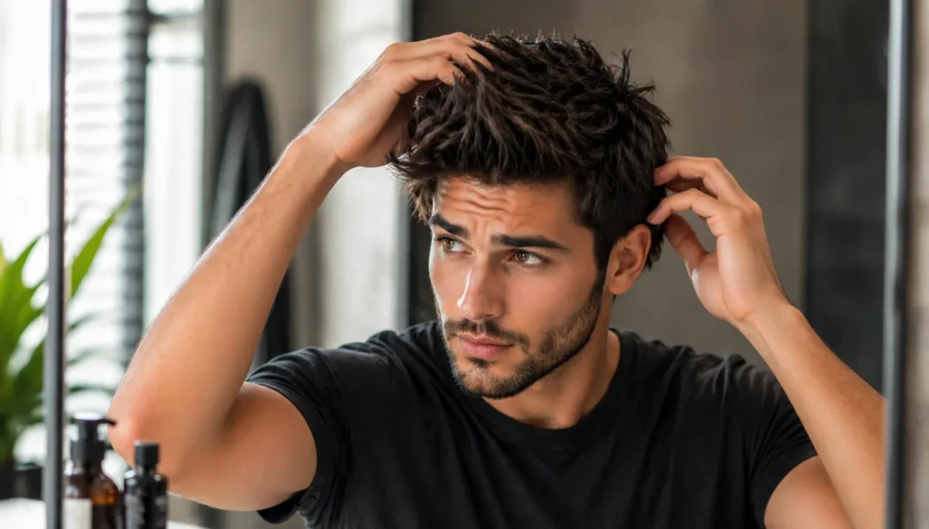 Man styling a messy voluminous hairstyle in a modern bathroom