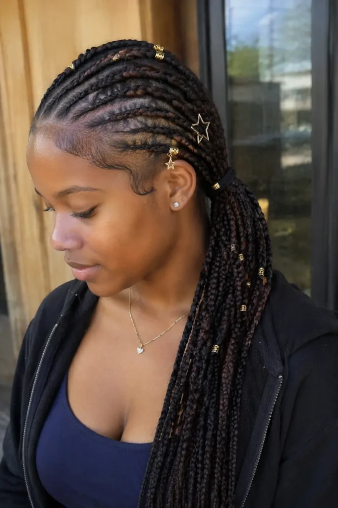 a young woman with Fulani-style braids arranged into a side ponytail, featuring diagonal cornrows and intricate scalp designs.