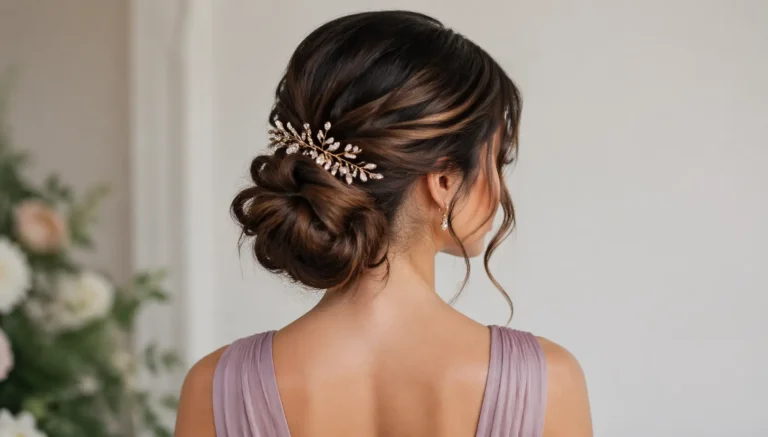 Elegant bridesmaid hairstyle featuring a textured low bun with soft face-framing curls and a delicate gold hair accessory, shown from the back in a softly lit indoor setting.