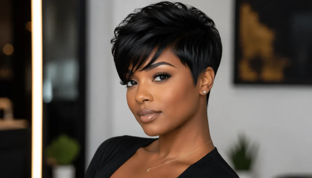 a black lady wearing black t-shirt has short haircut