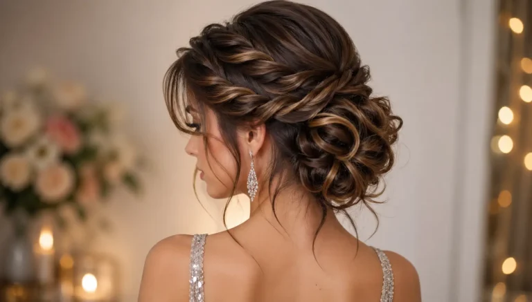 Back view of a young woman wearing an elegant prom hairstyle with a voluminous braided updo, soft curls pinned into a low bun, and loose face-framing strands