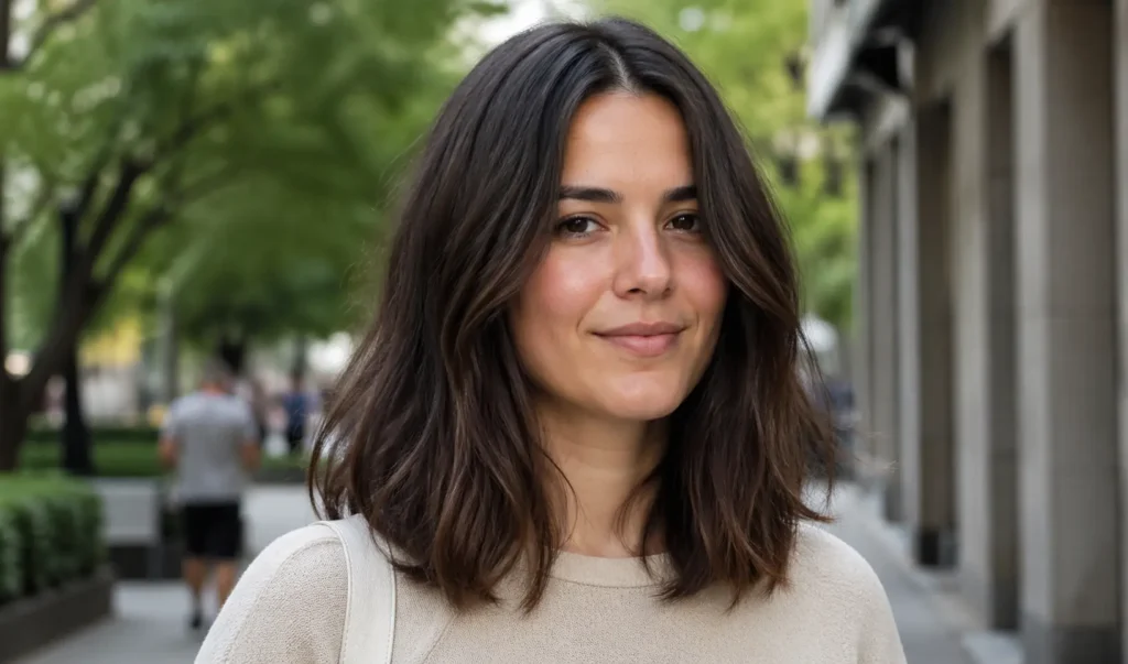 A candid outdoor portrait of a young woman with a modern long bob haircut parted in the middle. Her dark, softly wavy hair has a natural shine and gentle movement. She wears a simple neutral top and has minimal makeup, showing natural skin texture with visible pores