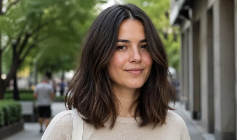 A candid outdoor portrait of a young woman with a modern long bob haircut parted in the middle. Her dark, softly wavy hair has a natural shine and gentle movement. She wears a simple neutral top and has minimal makeup, showing natural skin texture with visible pores