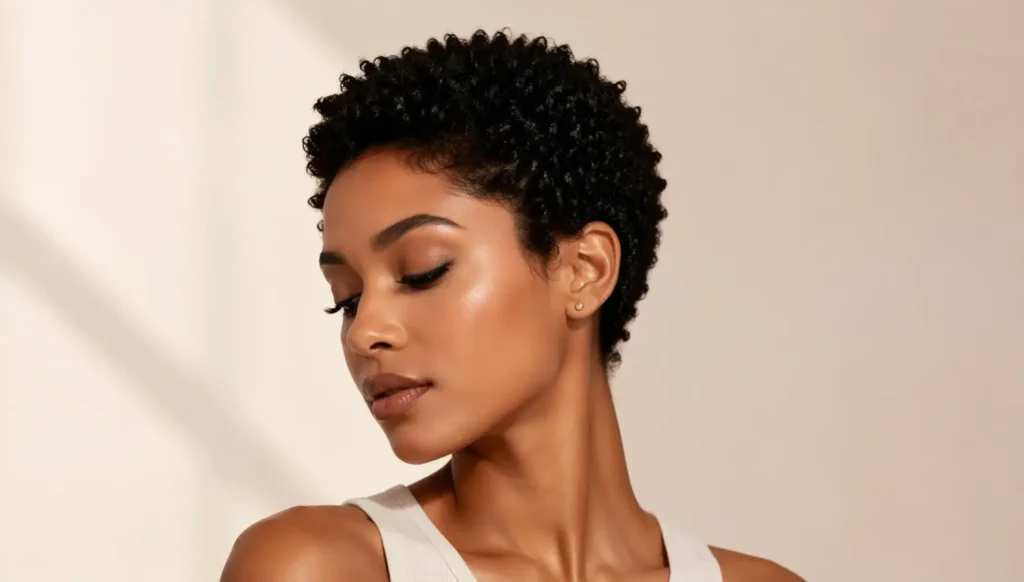 woman showcasing a short natural curly hairstyle