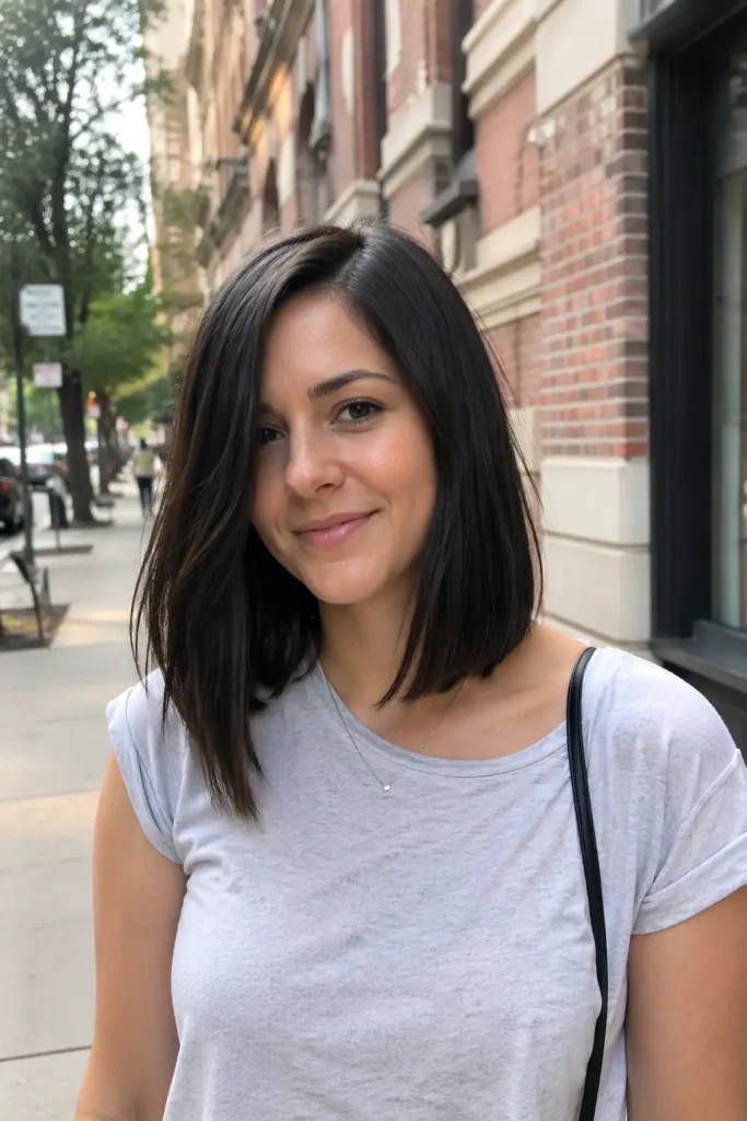 Candid street-style photo of a young woman with an asymmetrical long bob haircut, one side slightly longer than the other, wearing a casual t-shirt on a city sidewalk in soft natural daylight, with blurred urban buildings in the background.