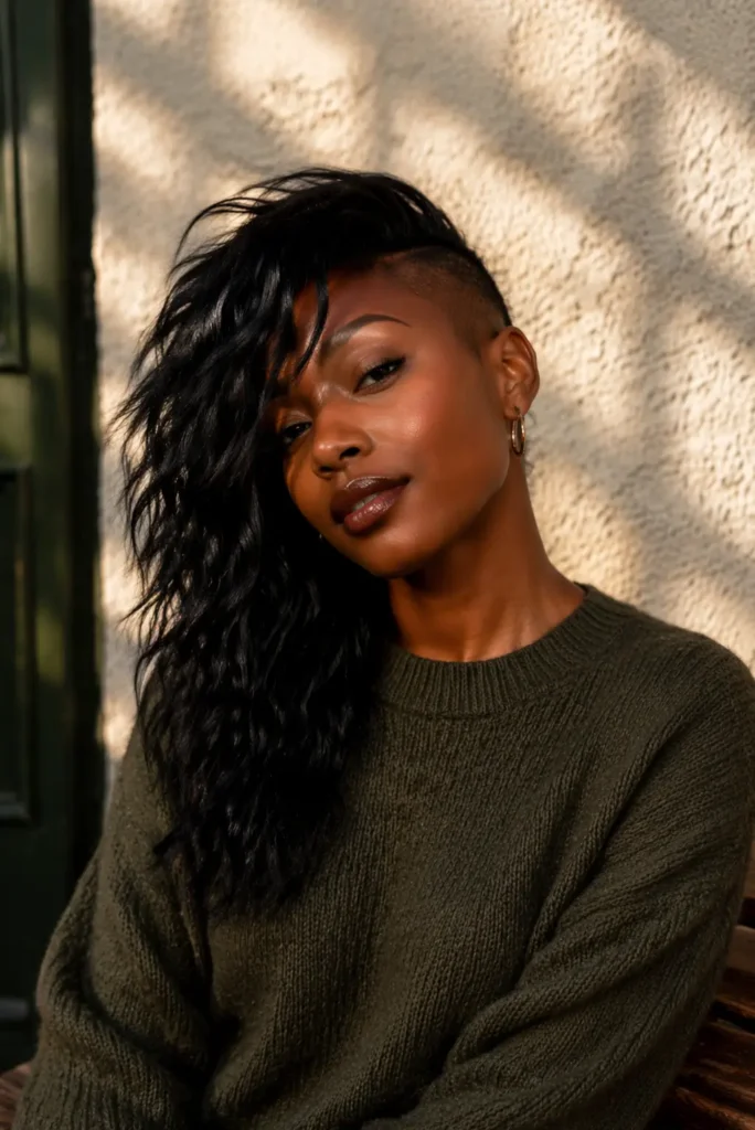 Black woman with sharp asymmetrical razor cut hairstyle, one side shaved and the other with long textured layers, wearing a modest casual sweater, soft natural lighting, outdoor portrait, modern edgy hairstyle, high-detai