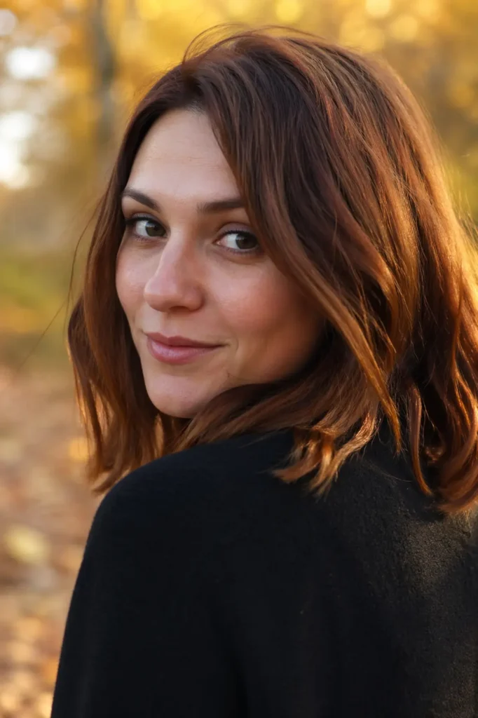 woman with an auburn long bob in warm reddish-brown tones, styled in soft waves. She is outdoors in golden-hour light with an autumn backdrop of blurred foliage
