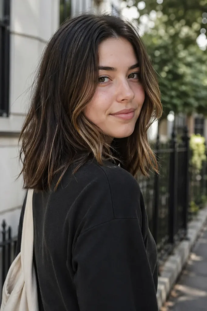 a young woman with a shoulder-length long bob hairstyle featuring subtle balayage highlights and loose waves