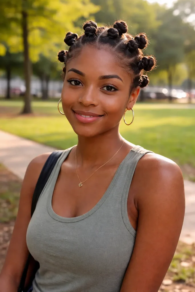 Black woman with neat small Bantu knots hairstyle, precise sections, natural look, wearing a casual dress outdoors in a relaxed everyday setting