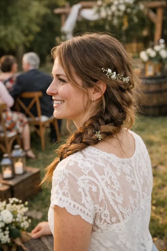 wedding photo of a young woman with a loose, slightly messy boho braid adorned with small white flowers, wearing a lace dress. She is smiling in soft sunlight, with rustic wood decor, grass, and blurred guests in the natural background.