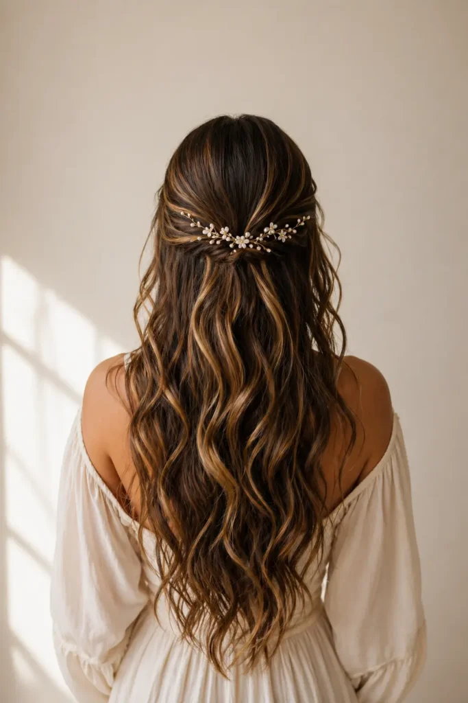 Back view of a real girl with long loose boho waves, soft natural texture and subtle highlights, styled with delicate pearl floral hair accessories, warm soft lighting and clean neutral background.