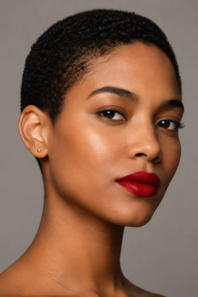 Woman with a very short natural buzz cut showing curly texture, flawless skin, and bold red lipstick in a minimalist studio headshot.