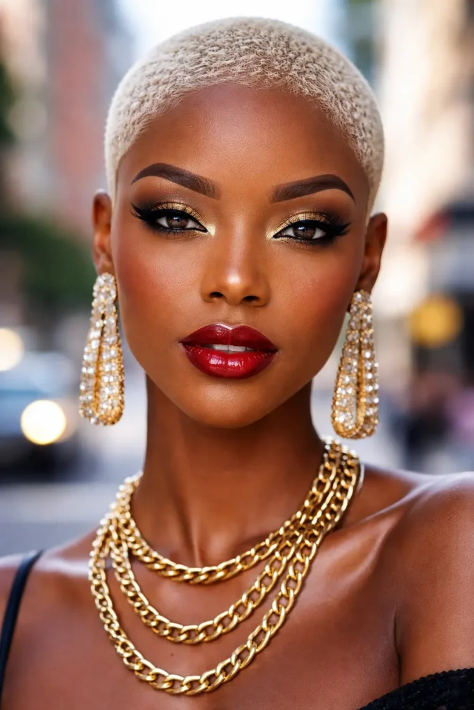 Stunning Black woman with a platinum blonde buzz cut, bold glam makeup, and gold statement jewelry, posing confidently against a soft-focus urban background in vivid high-contrast lighting.
