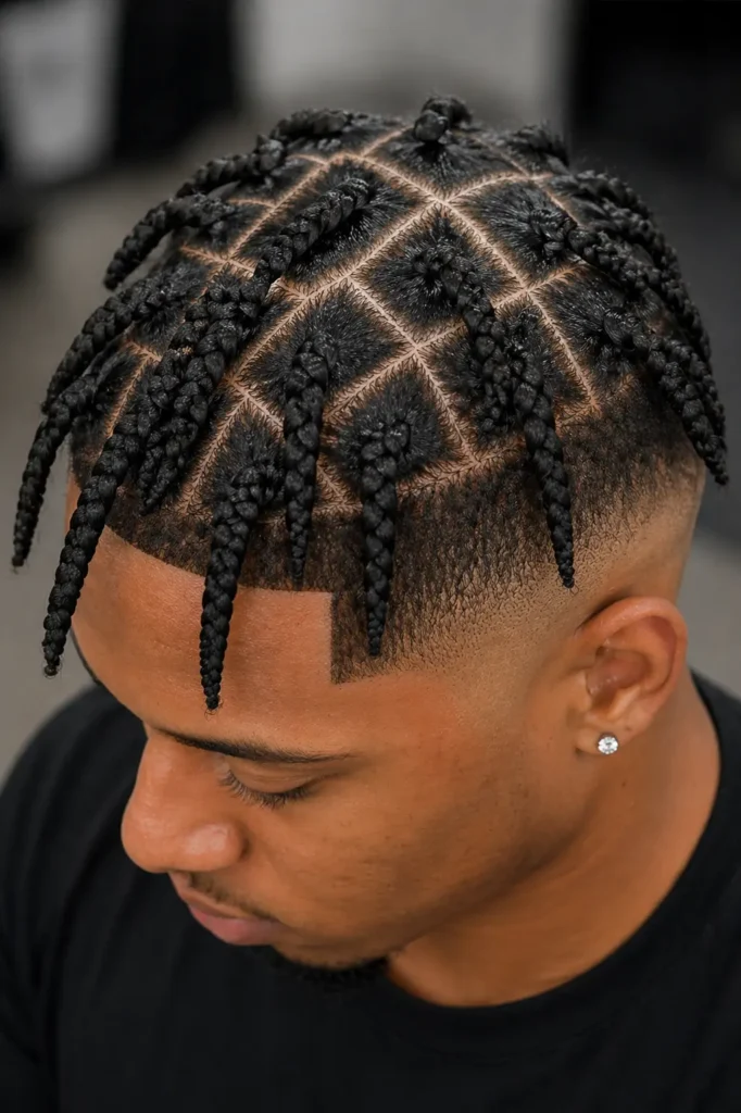 side-focused view of box braids with a sharp temple fade, featuring clean square sections, precise scalp grid pattern, and thick, neatly parted braids, with minimal facial visibility
