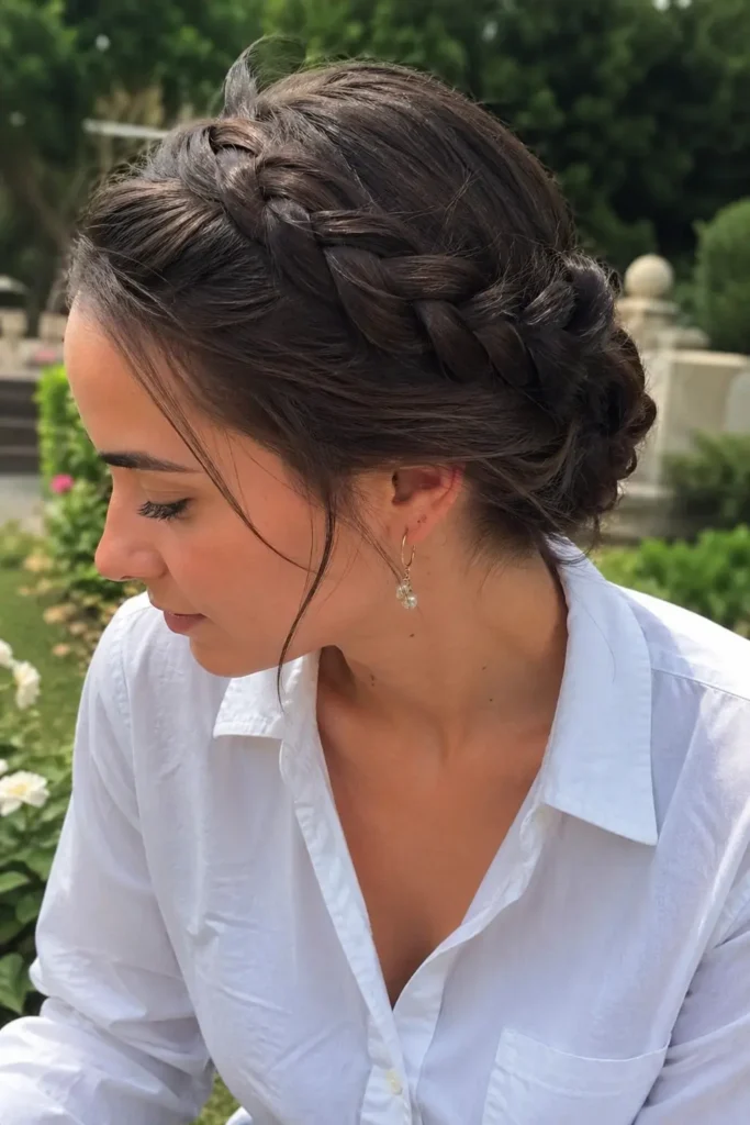 candid outdoor portrait of a young woman with dark, glossy brown hair styled in a braided crown updo. She is wearing a light-colored button-up shirt and small drop earrings. The photo is taken in soft natural garden light,