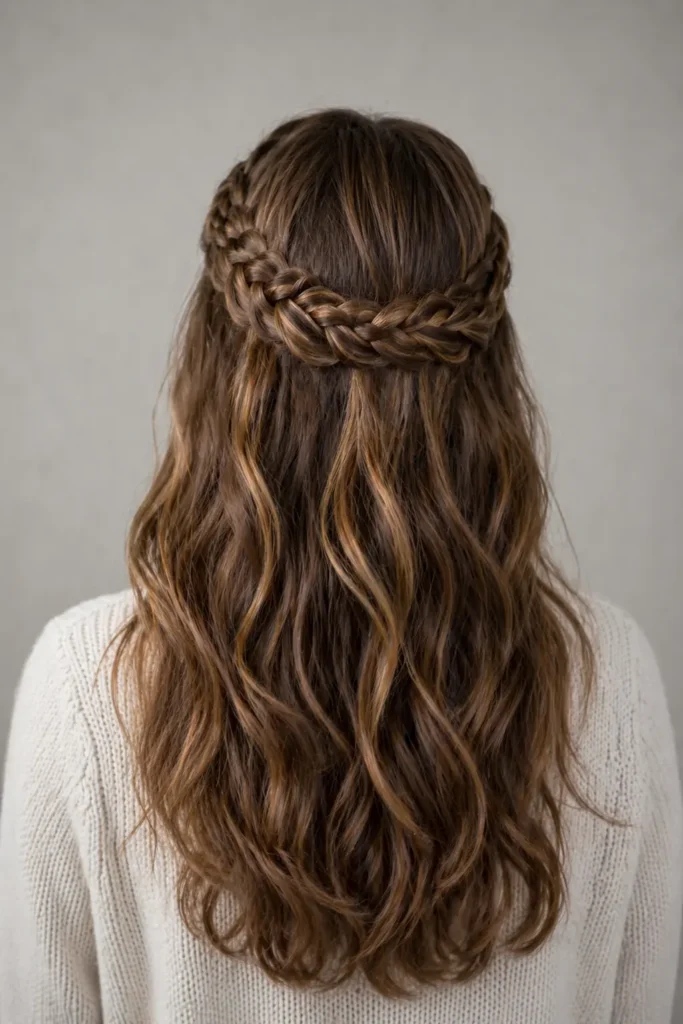 Back view of a woman with long, wavy brown hair styled in a braided crown wrapping around the head, with soft texture and subtle highlights, wearing a light sweater against a neutral, softly lit background.