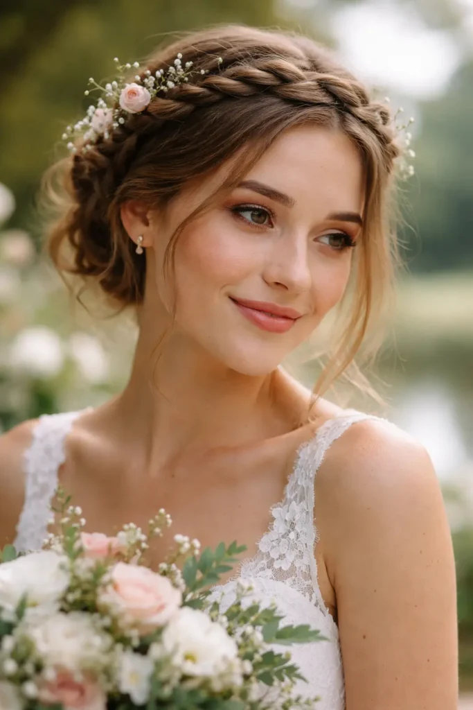 wedding photo of a young woman with a braided crown updo adorned with small white and blush floral accents. She has soft natural makeup and wears a lace dress, holding a bouquet of pastel roses in warm daylight, with realistic skin texture and a softly blurred garden background.