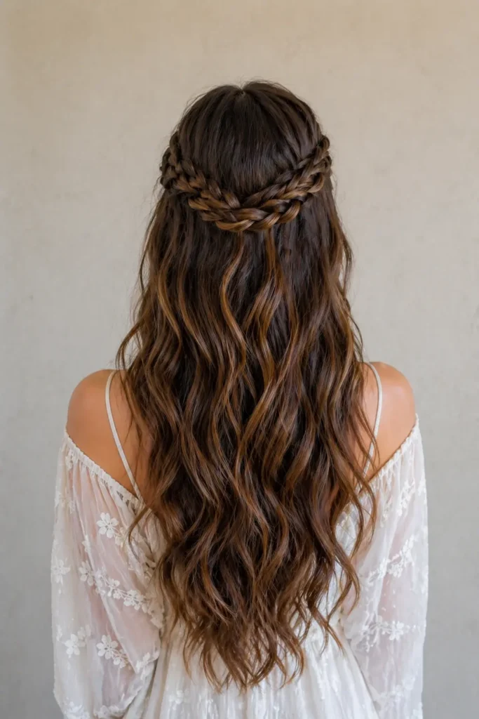 Back view of a young woman with a half braided crown hairstyle, featuring detailed braids wrapping around the head and flowing into long, loose wavy hair with natural volume and soft texture