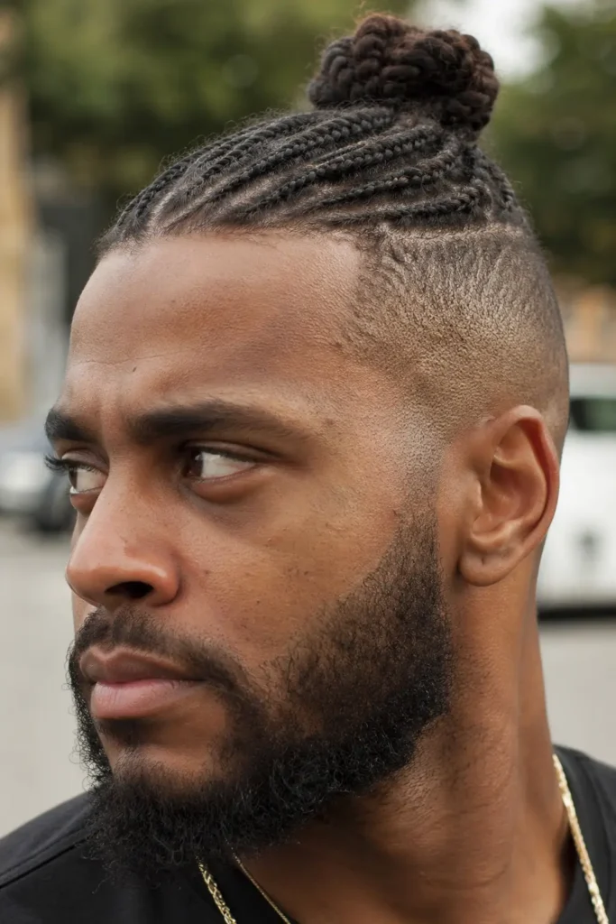 Close-up of a man with braided hair tied in a bun and a clean fade haircut, looking to the side with a calm, masculine expression in natural outdoor lighting.