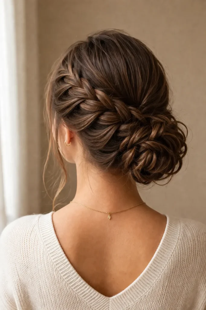 a real young woman with an elegant braided side bun hairstyle, detailed side braid woven into a soft low bun, natural brown hair with subtle highlights, warm indoor lighting, clean neutral background, focus on hair texture and style.
