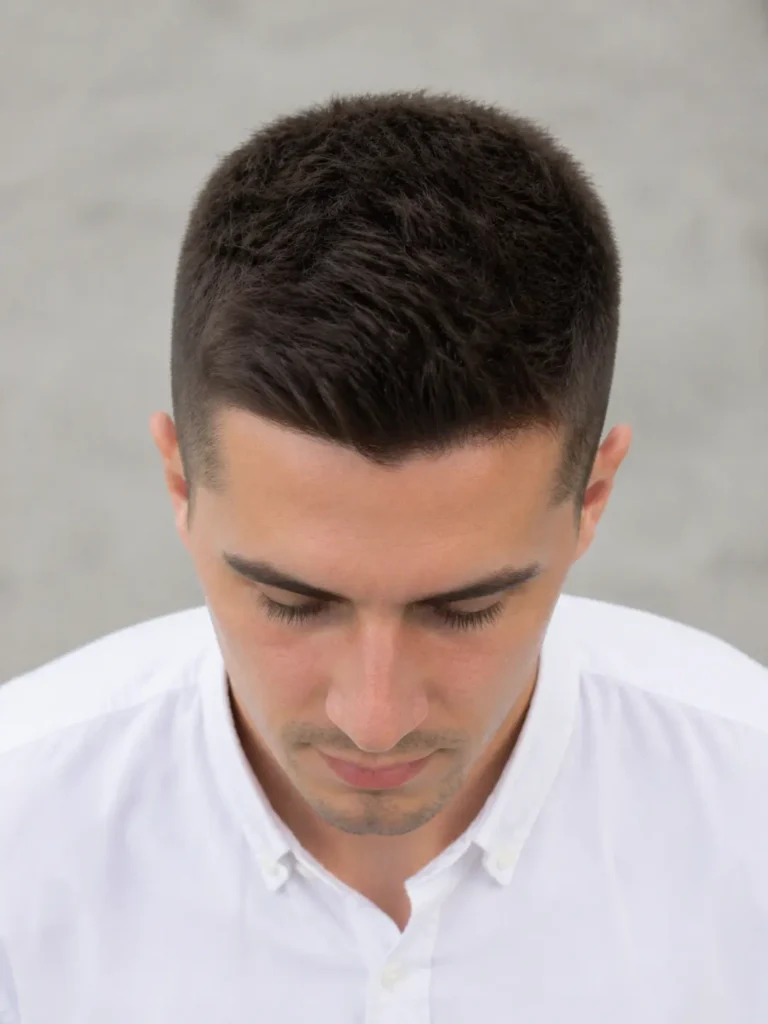 Top-down headshot of a real man with a brushed-up crew cut, showing short textured hair with slight volume on top