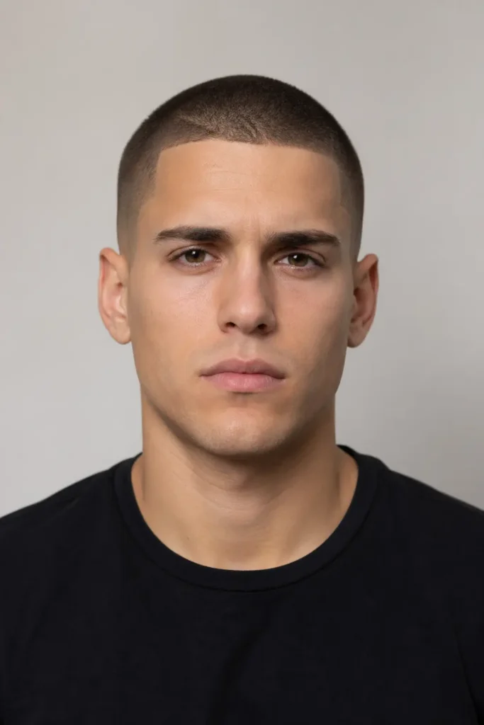 a young man with a clean buzz cut hairstyle and sharp, well-defined edges. He has a neutral expression and is wearing a plain black t-shirt. The image is set against a simple light gray background with soft, natural lighting, focusing on his face and clean overall appearance.