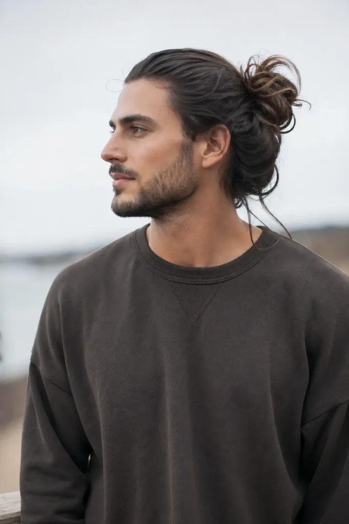 a man with long natural hair styled in a relaxed casual man bun, shown from the side. He has light facial hair and wears a simple dark sweatshirt.