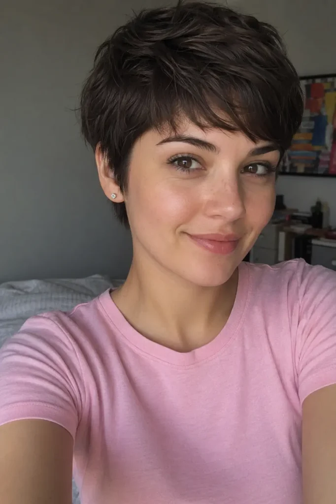 A candid, realistic close-up portrait of a young woman with short pixie-cut dark brown hair, wearing a pink T-shirt. She has soft, natural makeup and a gentle smile, looking directly at the camera.