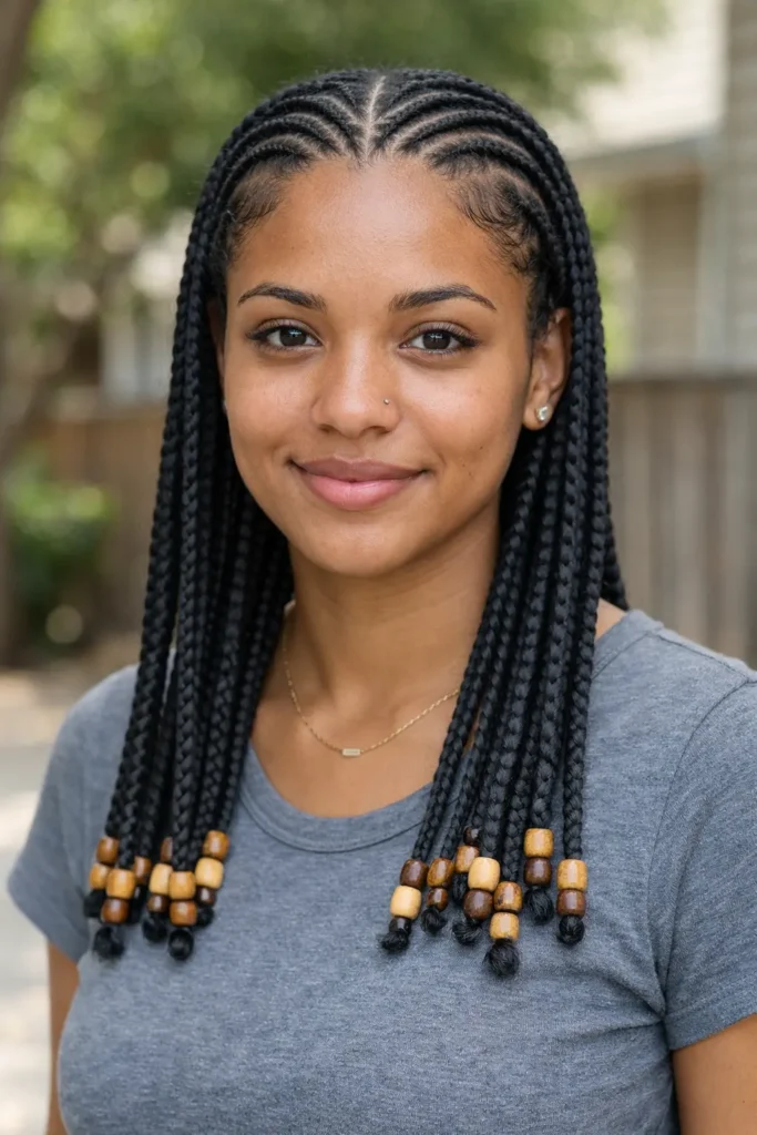 a young woman with Fulani braids, featuring center-parted symmetrical cornrows flowing into long box braids with wooden beads at the ends, wearing a casual gray top, captured in soft natural daylight with a calm