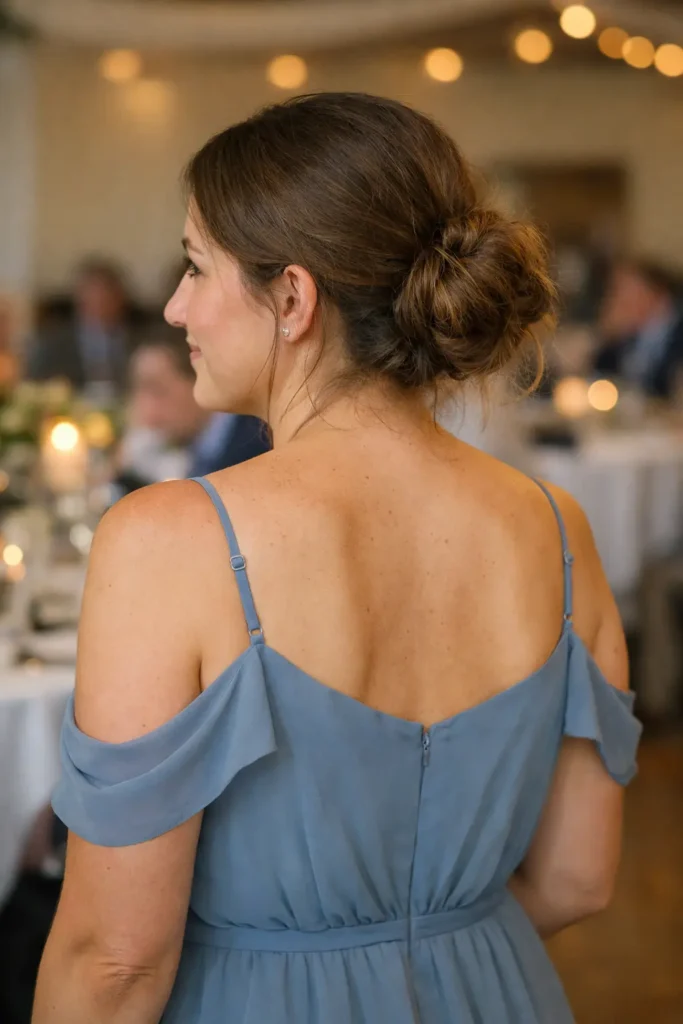 Candid rear-view photo of a young woman at an indoor wedding reception, wearing a dusty blue bridesmaid dress with off-shoulder sleeves. Her hair is styled in a soft, slightly messy chignon bun with natural texture. Warm ambient lighting and blurred guests in the background create a relaxed, real-life wedding atmosphere.
