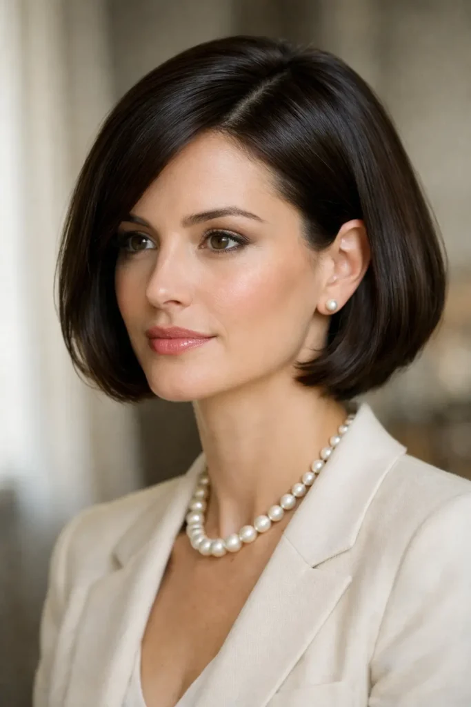 Elegant woman with classic chin-length old money bob haircut, sleek brunette hair and soft side part.