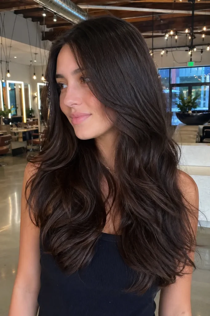 a young woman with long wavy dark chocolate brown hair, styled in soft layers, wearing natural makeup in a luxury salon setting with warm indoor lighting and a candid relaxed pose.