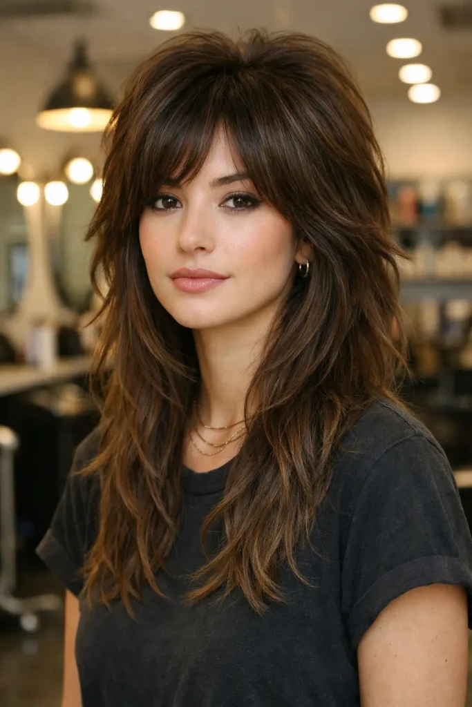 Classic octopus haircut with layered crown volume and long textured waves, styled on a modern woman in a salon setting with soft natural lighting and realistic hair detail