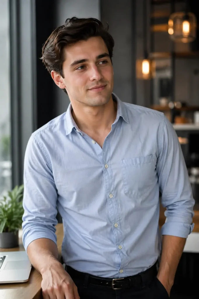 Real young man with a classic side-part hairstyle and natural volume, wearing a light blue button-down shirt, standing in a modern indoor workspace 