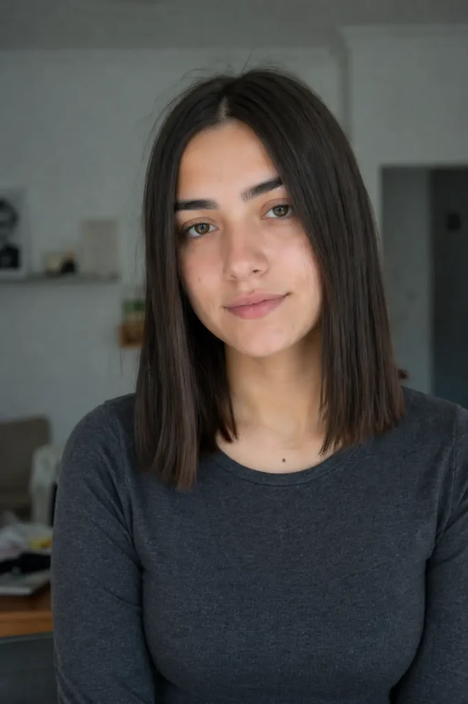 a young woman with a classic straight long bob haircut and middle part, wearing a charcoal gray long-sleeve top.