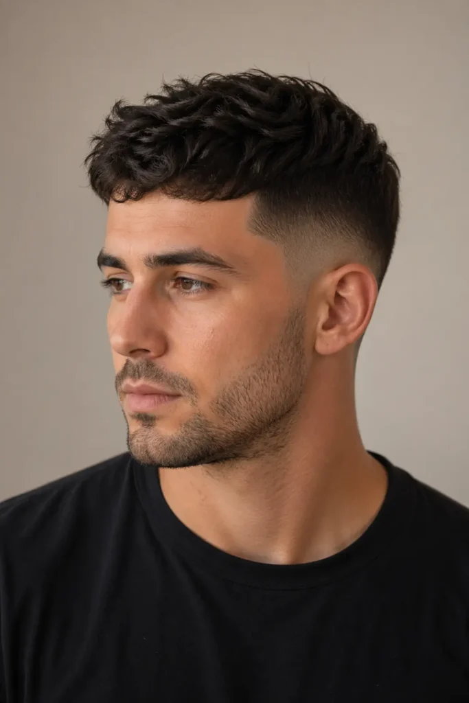 A man with a mid fade haircut and textured top, featuring clean, closely tapered sides and a modern, natural look, shown in soft lighting against a neutral background.