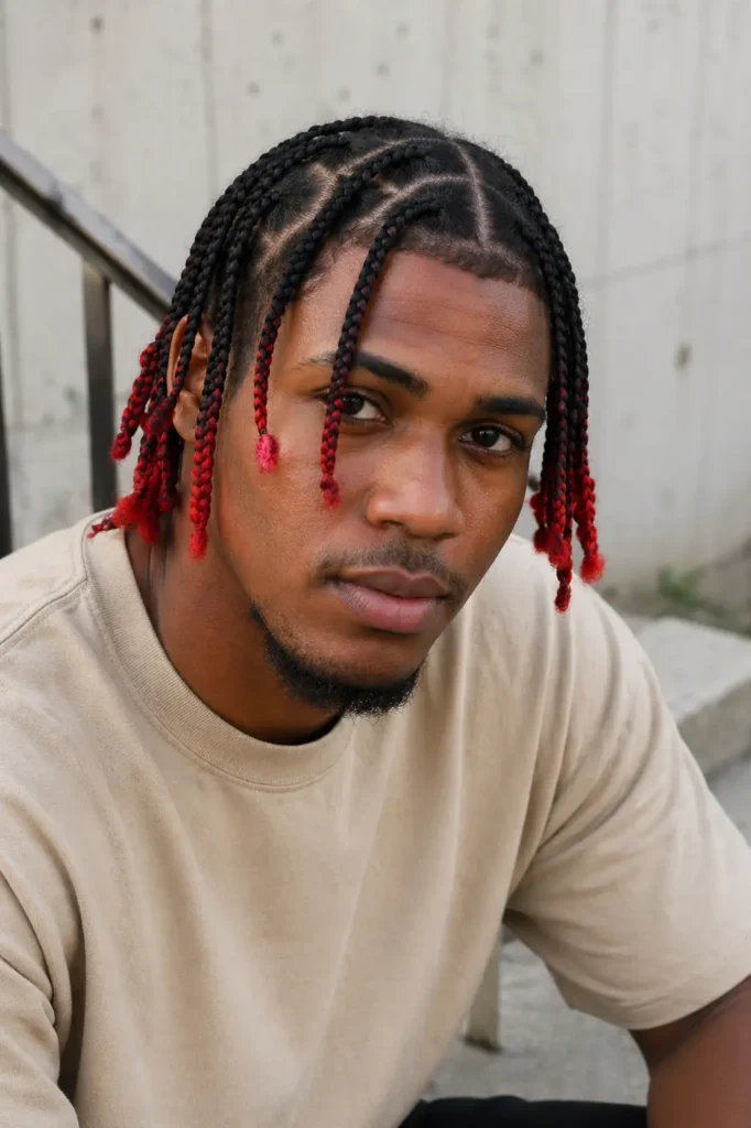 a real adult man with neatly parted braids featuring strong red-colored tips contrasting against his natural dark hair.