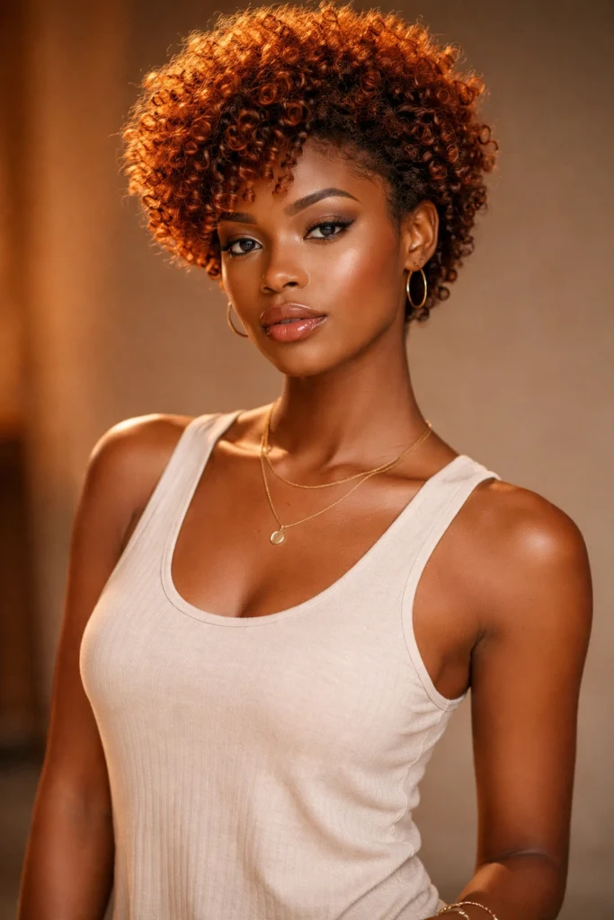 Medium shot of a woman with a short, voluminous copper-colored natural coil-out, her curls glowing in warm light, wearing a casual sleeveless dress and minimal gold jewelry.