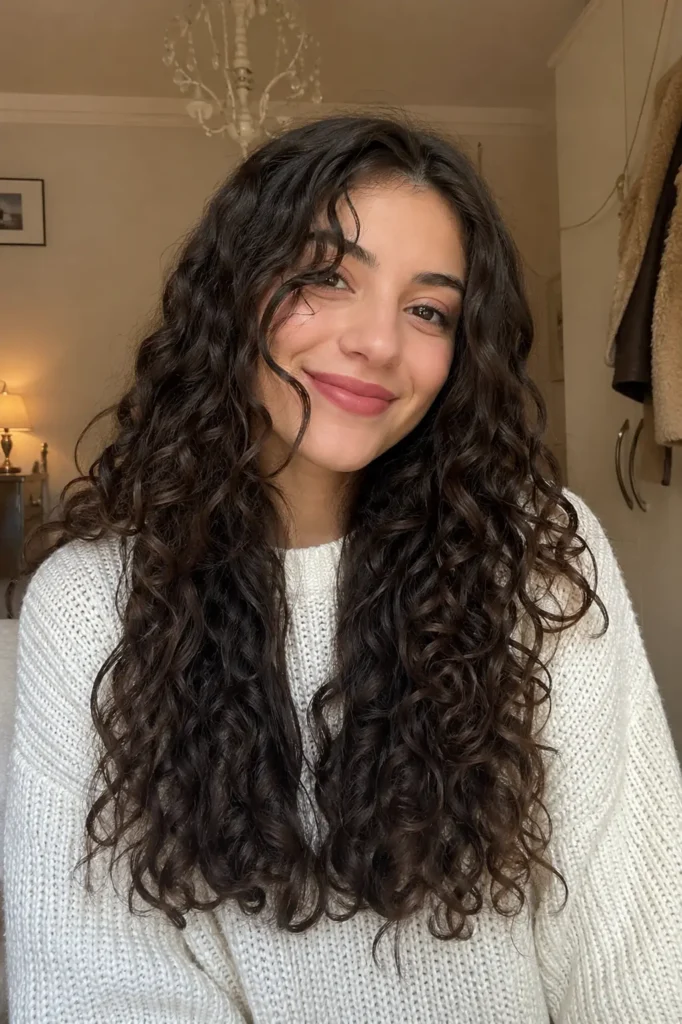 a young woman with long, dark chocolate-brown curly hair, wearing a cozy cream knit sweater. She is indoors in warm, soft lighting, with a relaxed, natural expression and a gentle smile.