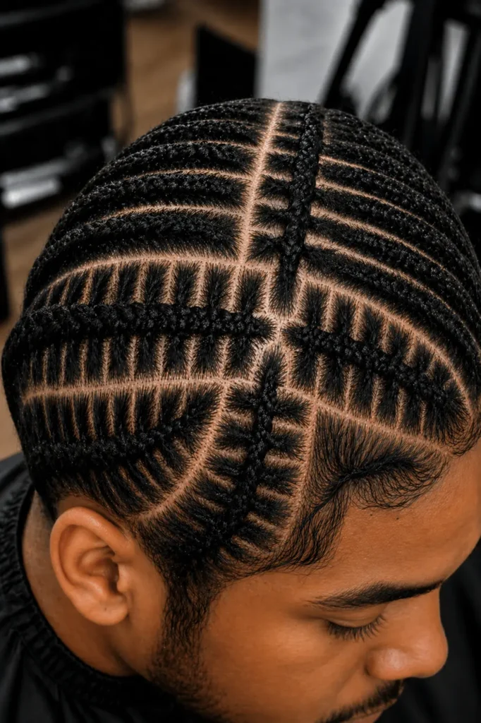 a man with intricate geometric cornrow braids, featuring precise scalp parting patterns and neatly styled edges, captured in a softly blurred salon setting.