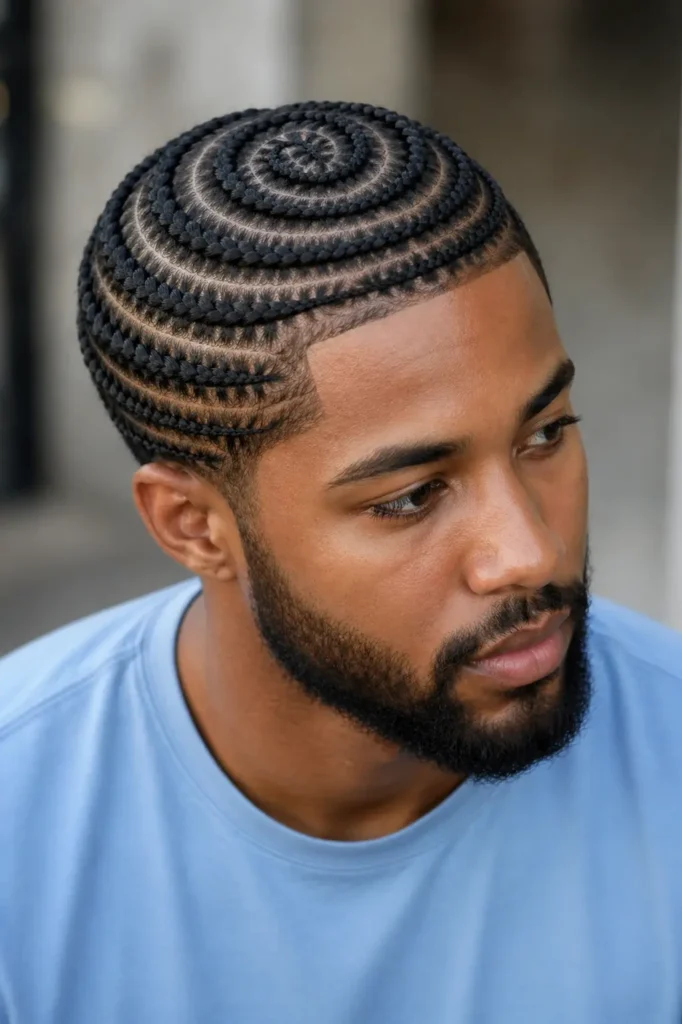  a real man with symmetrical crown braids styled in a precise circular pattern around the head, visible scalp grid detailing, calm facial expression clearly visible, wearing a light blue shirt