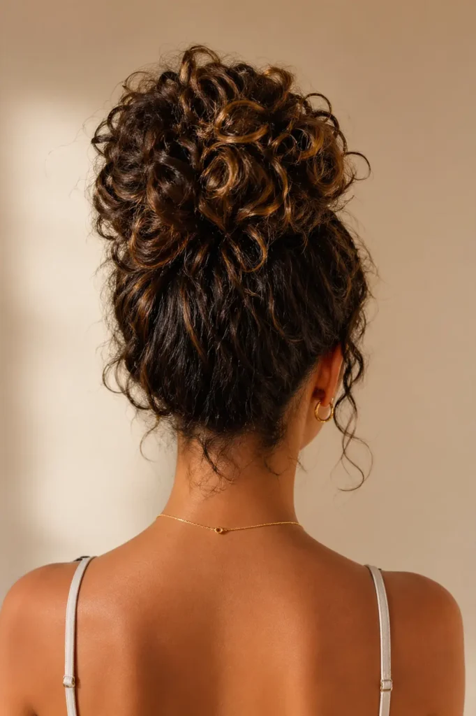 Back view of a young woman with a voluminous curly high bun, featuring textured, dimensional curls gathered at the crown with soft loose strands, highlighted by warm lighting against a clean neutral background.