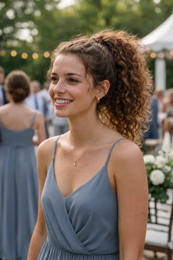 wedding photo of a young woman with a curly high ponytail and natural volume, wearing a dusty blue bridesmaid dress, smiling softly in natural daylight with blurred guests and decorations in the background.