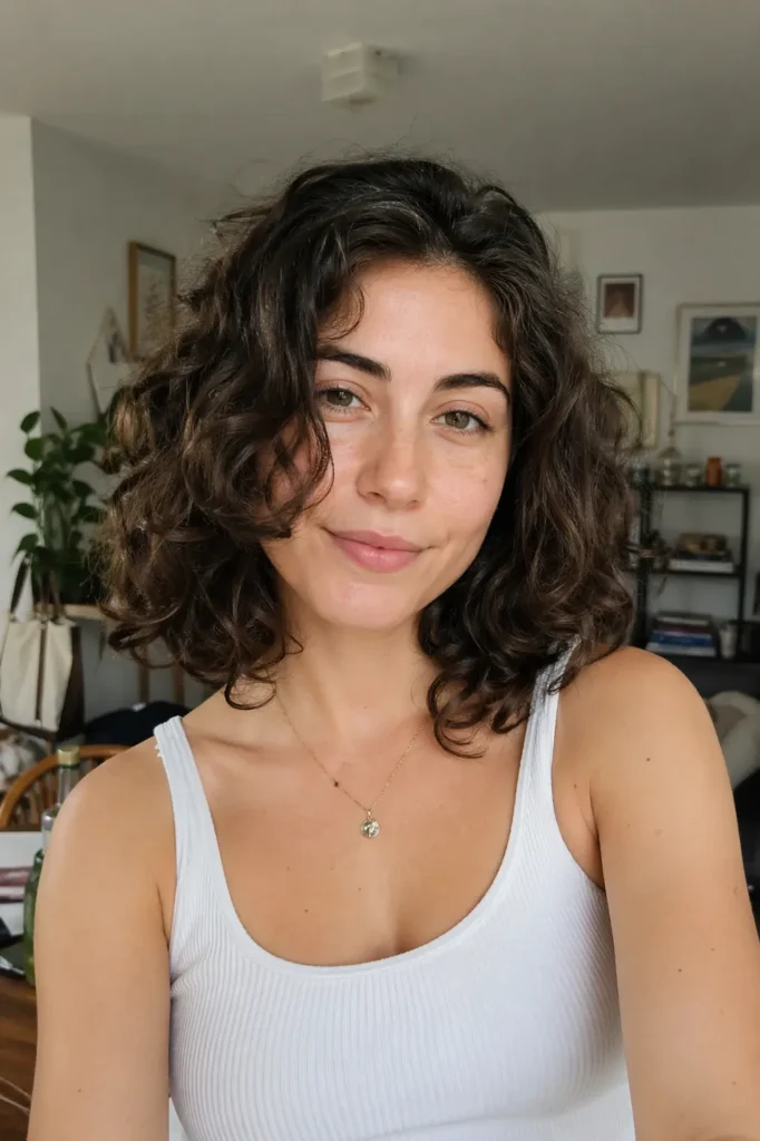 a young woman with a naturally curly long bob haircut. Her hair has soft, defined curls with slight frizz, framing her face