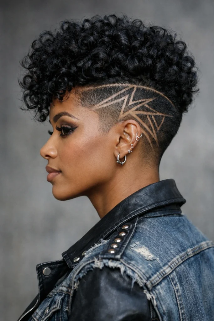 woman with defined, shiny curly hair on top and a faded undercut featuring sharp geometric line designs, wearing a distressed denim jacket and looking slightly away from the camera in a neutral background.