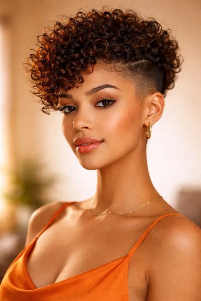 curly top undercut hairstyle with defined curls and shaved sides, voluminous textured hair, close-up portrait of woman in orange dress with soft warm lighting
