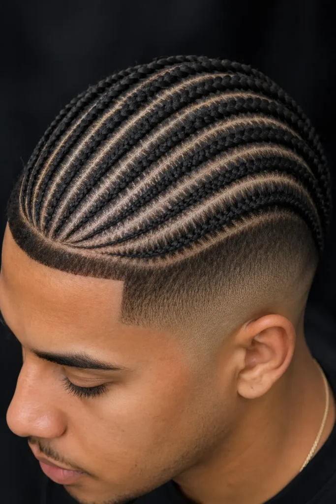 Close-up of a man’s head featuring neatly styled curved cornrows flowing in smooth arc patterns across the scalp, paired with a clean, precisely blended fade on the sides;