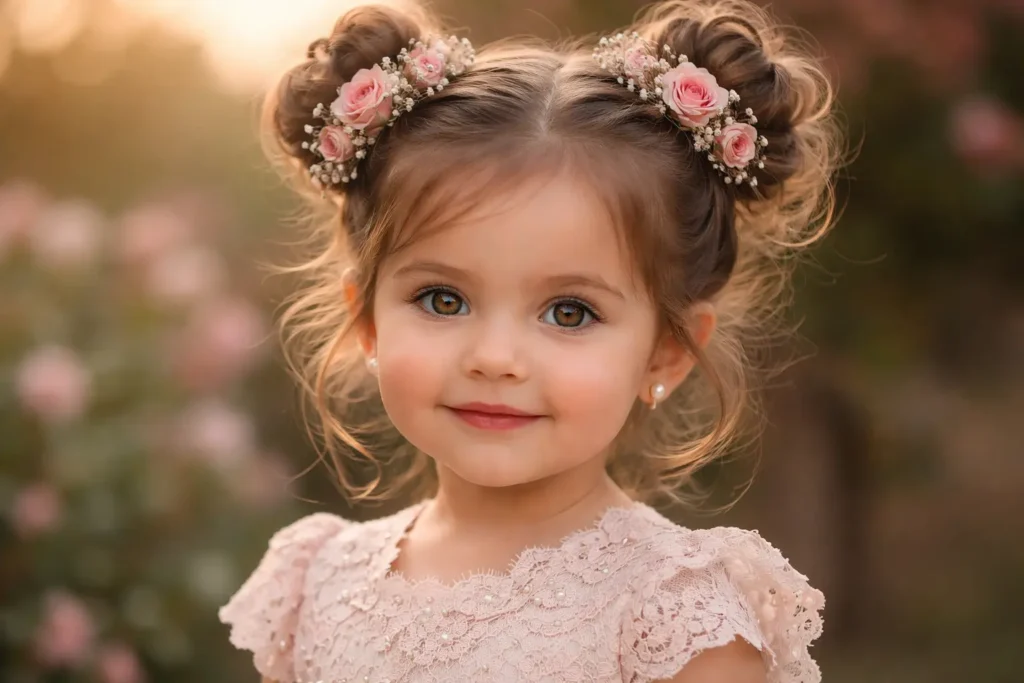 Baby girl with a beautiful hairstyle smiling in soft natural light, close-up portrait with a gentle background