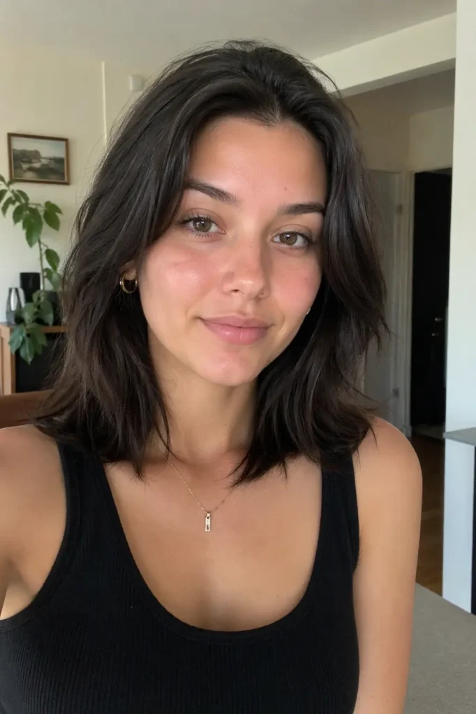 a women with Dark Brunette Bob hairstyle waering black shirt